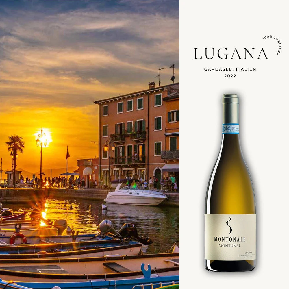 Gardasee-Uferblick mit Montunale Lugana Wein.