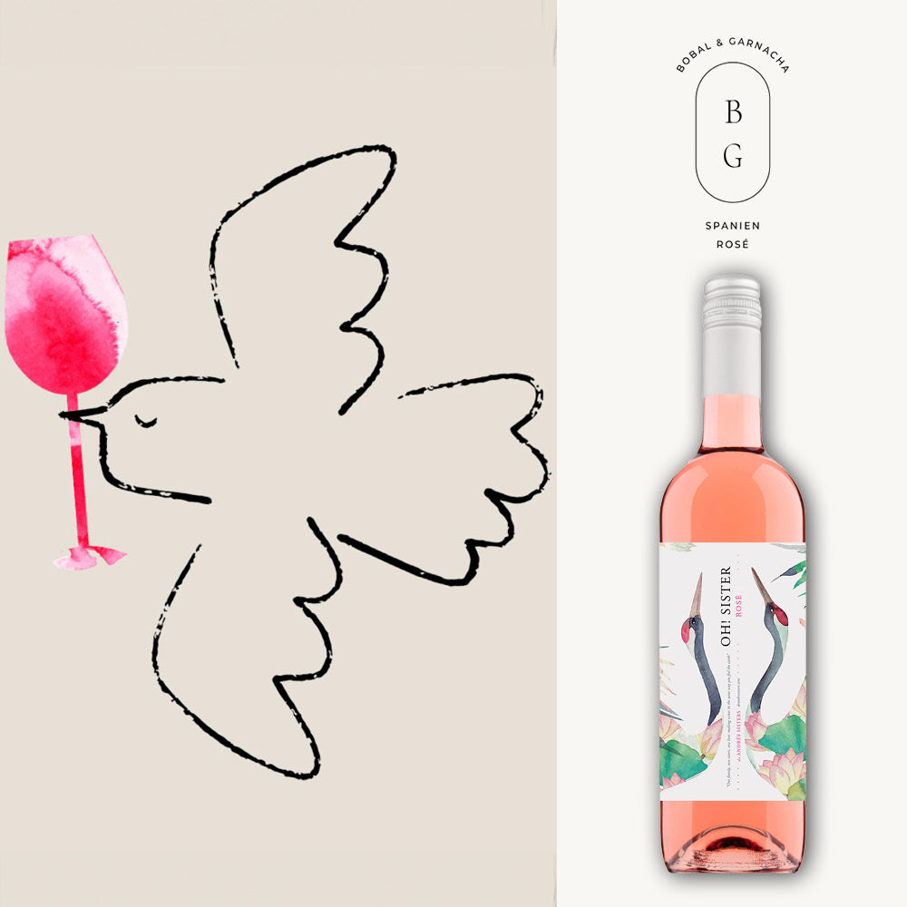 Eine Flasche spanischen Rosado-Weins aus den Trauben Bobal und Garnacha, gekennzeichnet mit den Initialen B G. Neben der Flasche ist eine künstlerische Darstellung einer Taube, die ein rosa gefärbtes Weinglas im Schnabel trägt.