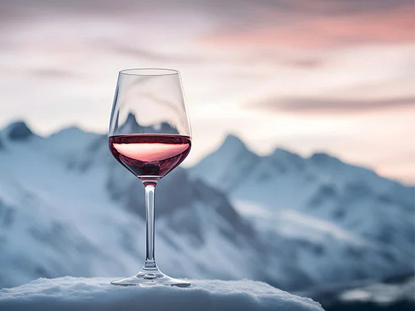 Ein Glas Roséwein steht auf einer Schneeschicht vor einer Kulisse schneebedeckter Berge unter einem pastellfarbenen Himmel im Zwielicht.