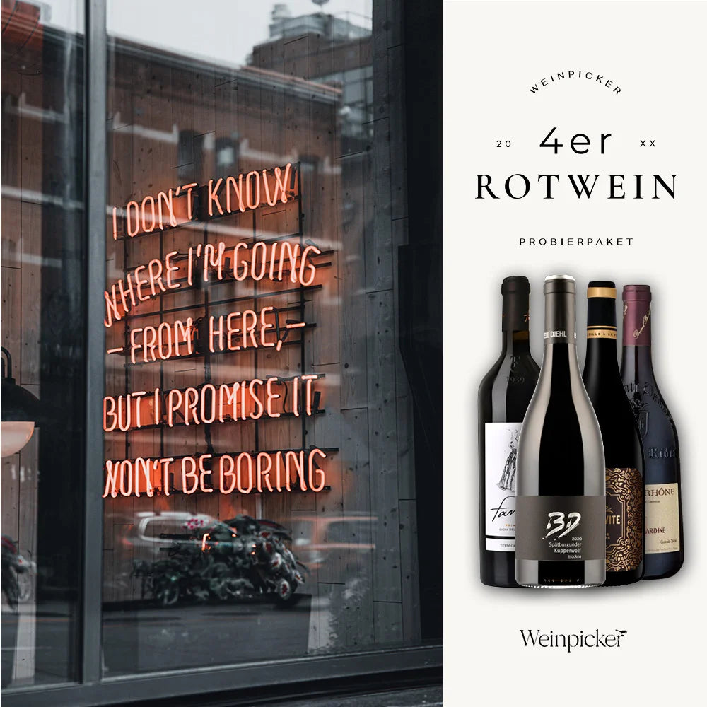 Rechts das Rotwein Probierpaket von Weinpicker, dargestellt neben einem Fenster mit inspirierender Neon-Schrift.