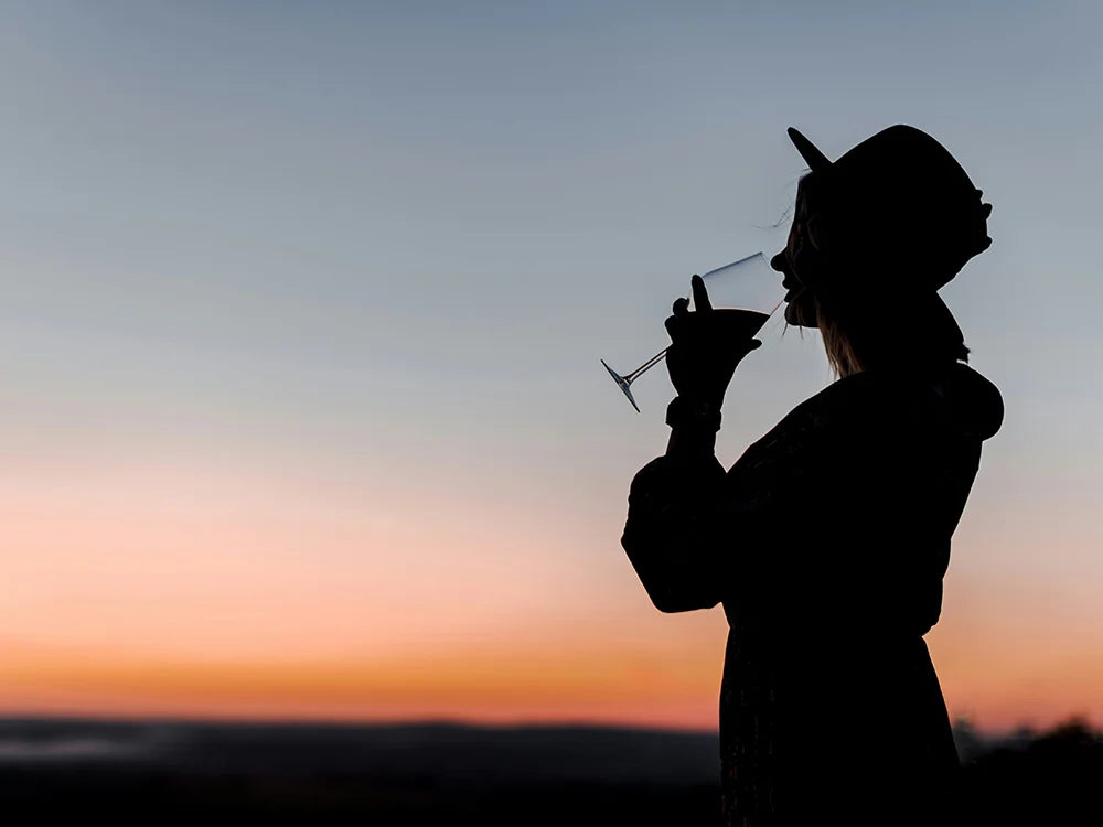 Frau als Silhouette trinkt ein Glas guten Rotwein vor Sonnenuntergang.