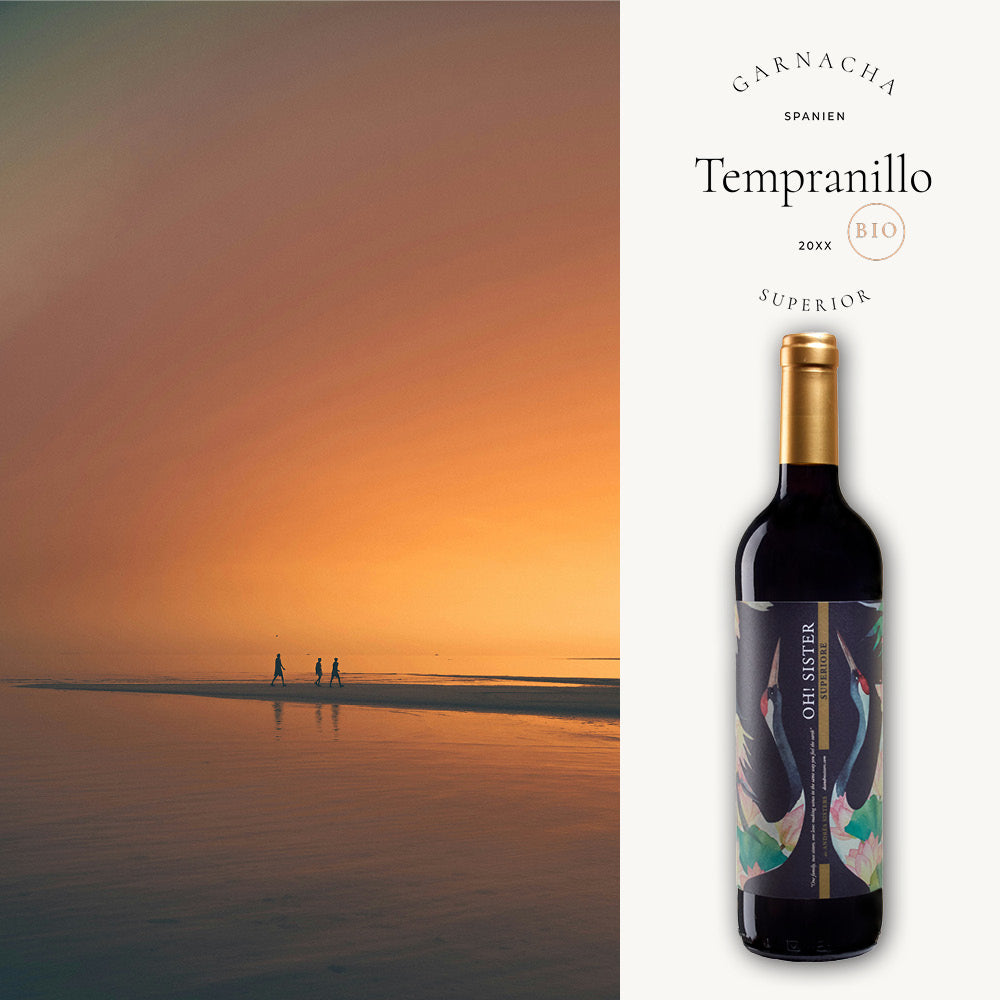 Eine Flasche spanischen Rotweins, eine Cuvée aus Tempranillo und Garnacha, markiert als Bio. Im Hintergrund ist ein idyllischer Sonnenuntergang am Meer mit sanften orange-rosa Farbtönen zu sehen, wo drei Personen entspannt am Strand spazieren.
