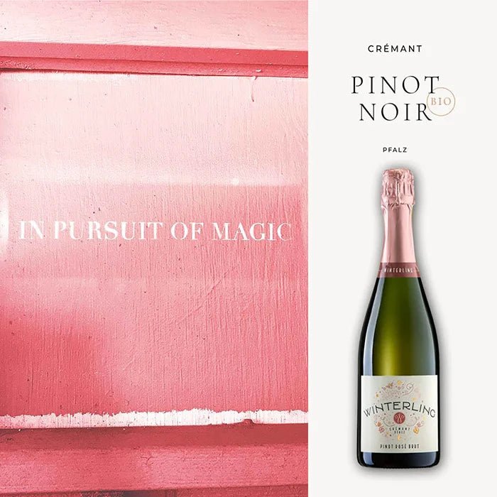Crémant neben einer rosa Wand mit dem inspirierenden Text "In Pursuit of Magic", symbolisiert den zauberhaften Geschmack des Weins.