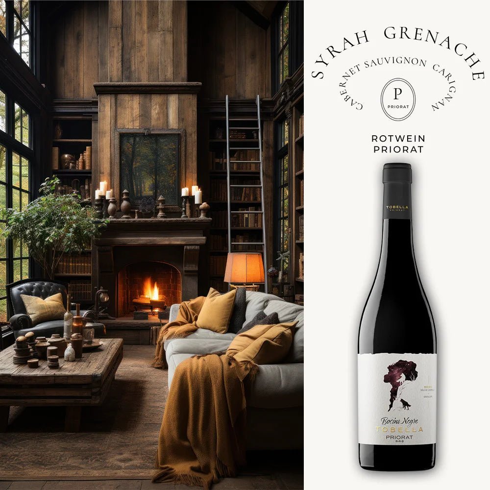 Kuscheliges Wohnzimmer mit Kamin, Sofa und Bibliothek, atmosphärisch beleuchtet, mit einer Flasche 'Priorat Wein' – spanischer Rotwein auf einem Couchtisch.