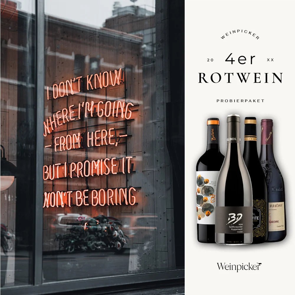 Rechts das Rotwein Probierpaket von Weinpicker, dargestellt neben einem Fenster mit inspirierender Neon-Schrift. Es zeigt vier ausgewählte Rotweinflaschen, die Vielfalt und Qualität versprechen.