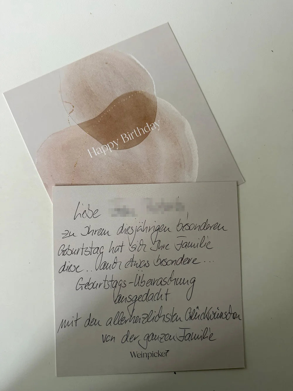 Handwritten 80th birthday card with wine gift delivery in Germany – surprise gift organized from Dublin by Weinpicker