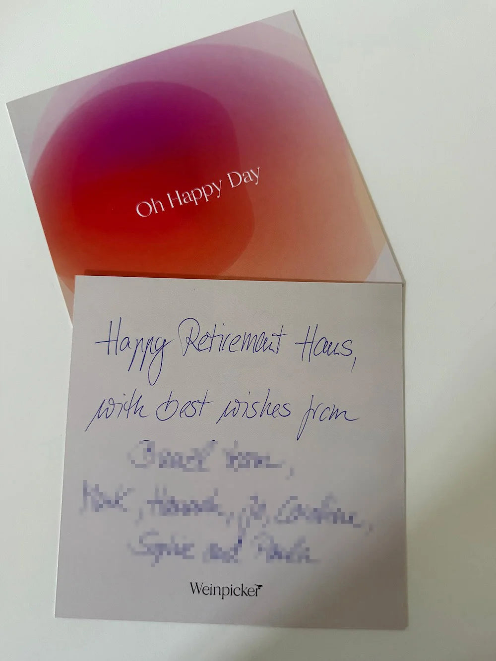Handwritten retirement congratulations card with wine gift delivery to Munich, Germany – Weinpicker personal message service