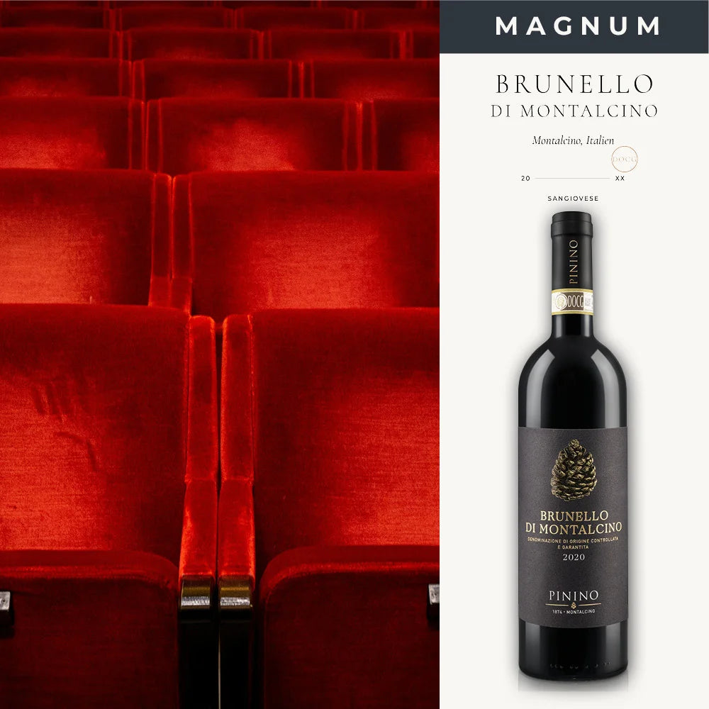 
                  
                    Pinino Brunello di Montalcino DOCG 2020 Magnum 1,5 l vor roten Theatersesseln
                  
                