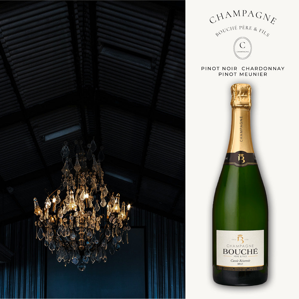 Champagner Bouché Cuvée Réservée Brut – ausgewogene Cuvée aus Chardonnay, Pinot Noir und Pinot Meunier, 4 Jahre gereift, elegante goldene Champagnerflasche.
