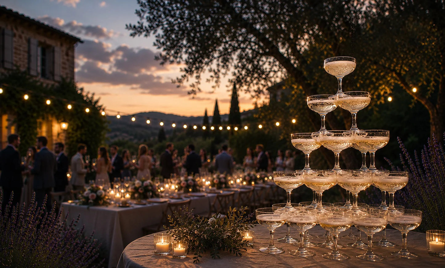 Champagnerpyramide aus Coupé-Gläsern bei einer stilvollen Gartenfeier – Crémant fließt vom obersten Glas durch die Pyramide.