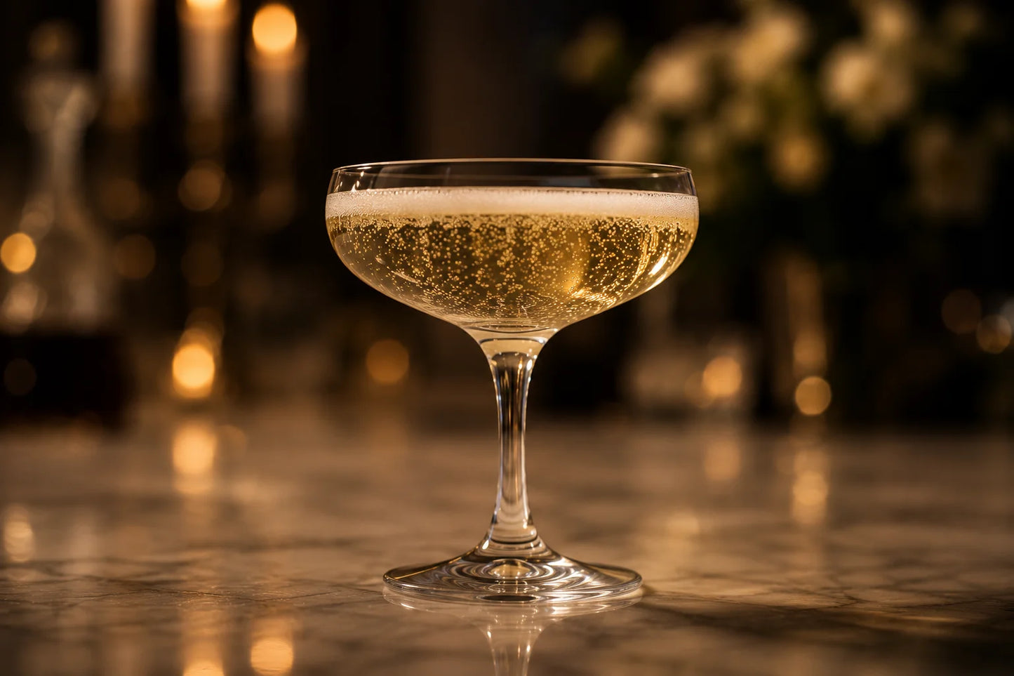 Klassisches Coupé-Champagnerglas mit Crémant und feiner Perlage – das ideale Glas für eine Champagnerpyramide oder Crémantpyramide.