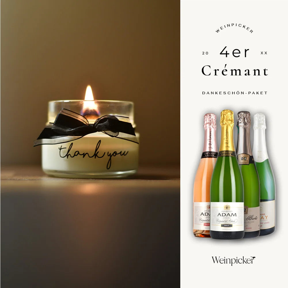 Vier Flaschen französischer Crémant – Rosé und Weiß – neben einer brennenden Kerze mit Schleife und ‚Thank you‘-Schriftzug. Geschenkpaket von Weinpicker.
