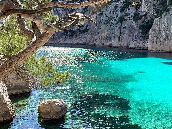 Eine kleine, idyllische Bucht im Süden Frankreichs mit klarem, azurblauem Wasser, umgeben von steilen Felswänden und mediterranen Bäumen, die teilweise ins Bild ragen.