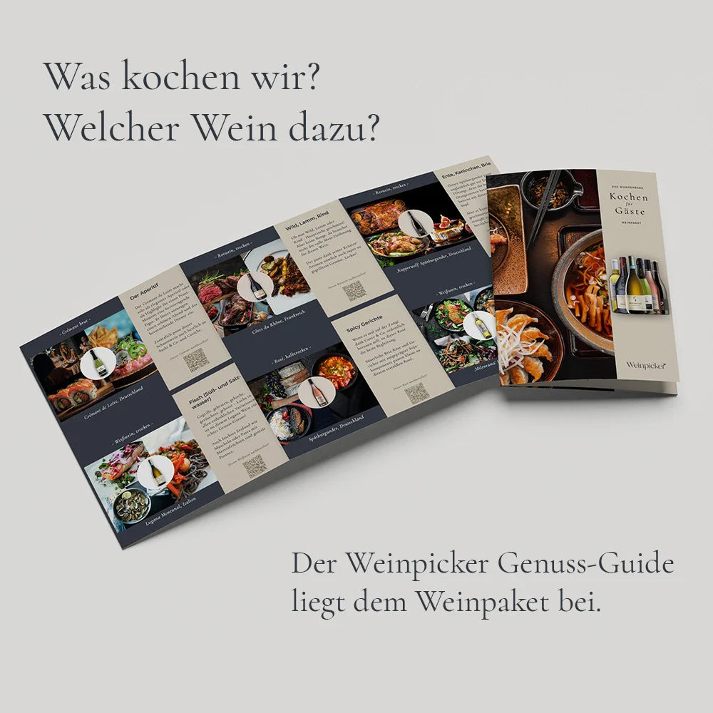 
                  
                    Aufgeklappter Genuss-Guide zum Weinpaket „Kochen für Gäste“ mit Rezeptideen und passenden Weinempfehlungen zu sechs Weinen
                  
                