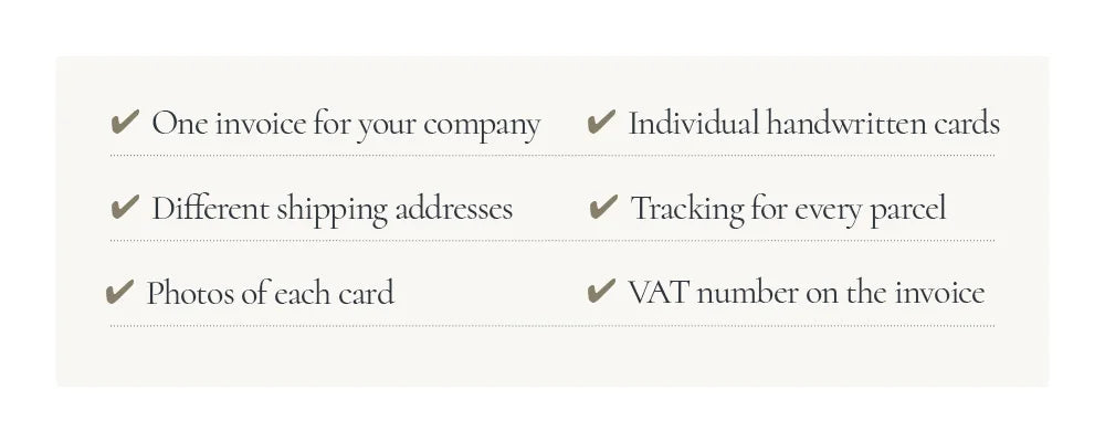 Corporate wine gift checklist: one invoice, individual handwritten cards, multiple shipping addresses, parcel tracking, card photos, and VAT number included