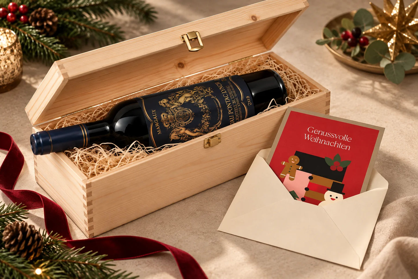 Weinpräsent in Holzgeschenkbox mit Weihnachtskarte und Bordeaux
